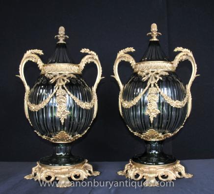 Pair Bulbous Cut Glass Vases Lidded Urns French Louis XV Glassware